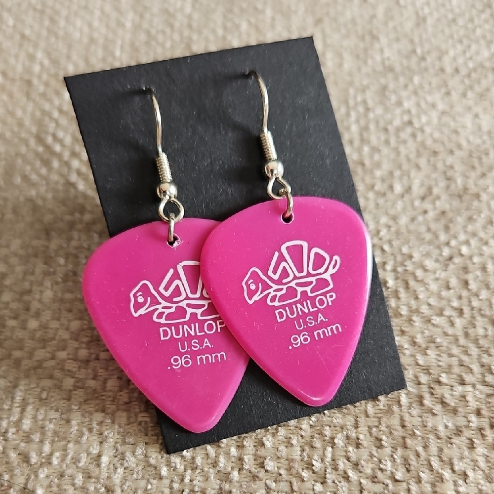 Dunlop Pink Guitar Pick Dangle Earrings